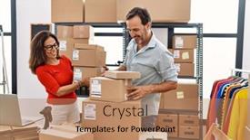  Presentation with woman business - Slide set consisting of middle-age-man-and-woman background and a coral colored foreground