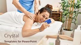  Presentation with massage therapist - Slide deck with middle-age-man-and-woman background and a  colored foreground