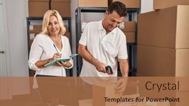  Presentation with barcode - Slide deck enhanced with middle-age-man-and-woman background and a coral colored foreground