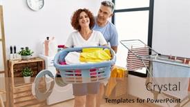  Presentation with man vs woman - Slide set with middle-age-man-and-woman background and a  colored foreground