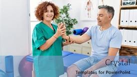  Presentation with rehab clinic - PPT theme featuring middle-age-man-and-woman background and a light blue colored foreground