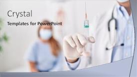  Presentation with syringe - Presentation theme featuring middle-age-man-and-woman background and a white colored foreground