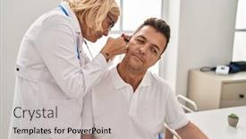  Presentation with medical ear - Presentation theme having middle-age-man-and-woman background and a light gray colored foreground