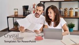  Presentation with economy - Slides with middle-age-man-and-woman background and a mint green colored foreground