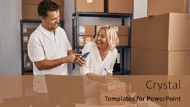  Presentation with partners - Slide deck having middle-age-man-and-woman background and a coral colored foreground