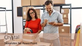  Presentation with scanning - PPT theme with middle-age-man-and-woman background and a coral colored foreground