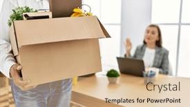  Presentation with office workers - Slide deck having middle-age-man-and-woman background and a coral colored foreground