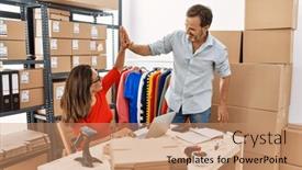  Presentation with partners - Presentation enhanced with middle-age-man-and-woman background and a coral colored foreground