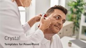  Presentation with medical ear - PPT layouts consisting of middle-age-man-and-woman background and a soft green colored foreground