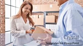  Presentation with barcode - PPT theme having middle-age-man-and-woman background and a light blue colored foreground