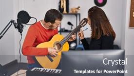  Presentation with guitar class - Presentation design consisting of middle-age-man-and-woman background and a dark gray colored foreground
