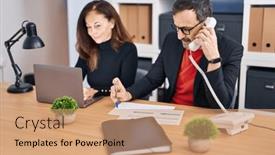  Presentation with office workers - PPT layouts with middle-age-man-and-woman background and a coral colored foreground