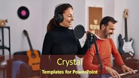  Presentation with piano keyboard - Presentation design having middle-age-man-and-woman background and a tawny brown colored foreground