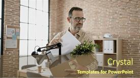  Presentation with paperwork - PPT layouts having middle-age-man-business-worker background and a tawny brown colored foreground