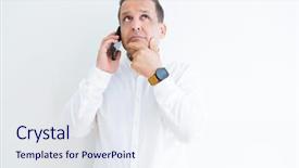  Presentation with question - Beautiful PPT theme featuring middle age man calling using backdrop and a  colored foreground