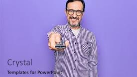  Presentation with television - Audience pleasing PPT theme consisting of middle-age-man-changing-tv backdrop and a light blue colored foreground