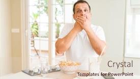  Presentation with asian chopsticks - Beautiful slide deck featuring middle age man eating asian food with chopsticks at home shocked covering mouth with hands for mistake secret concept backdrop and a lemonade colored foreground