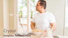  Presentation with asian chopsticks - Slide set with middle age man eating asian food with chopsticks at home looking to side relax profile pose with natural face with confident smile background and a lemonade colored foreground