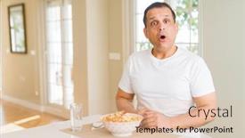  Presentation with fear - Beautiful PPT theme featuring middle age man eating rice at home afraid and shocked with surprise expression fear and excited face backdrop and a lemonade colored foreground