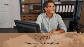  Presentation with business book - PPT theme enhanced with middle-age-man-ecommerce-business background and a coral colored foreground