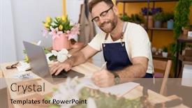  Presentation with information age - PPT theme having middle-age-man-florist-using background and a coral colored foreground