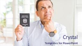  Presentation with questions question marks idea - Slide deck featuring middle age man holding holding background and a sky blue colored foreground