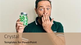  Presentation with pills - Cool new PPT theme with middle-age-man-holding-pills backdrop and a coral colored foreground