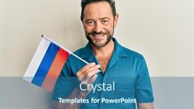  Presentation with confident - Amazing PPT theme having middle-age-man-holding-russia backdrop and a ocean colored foreground