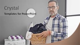  Presentation with laundry room - Presentation theme having middle-age-man-holding-wicker background and a light gray colored foreground