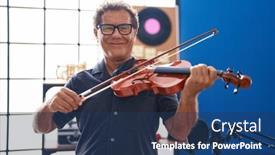  Presentation with music sympfonic studio - PPT theme with middle-age-man-musician-smiling background and a ocean colored foreground