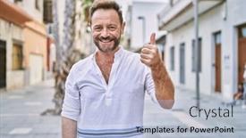  Presentation with city - PPT theme consisting of middle-age-man-outdoor background and a light blue colored foreground