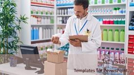  Presentation with paperwork - Presentation design enhanced with middle-age-man-pharmacist-holding background and a coral colored foreground