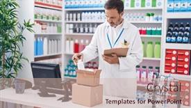  Presentation with paperwork - PPT layouts enhanced with middle-age-man-pharmacist-holding background and a soft green colored foreground