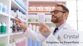  Presentation with prescription - PPT layouts enhanced with middle-age-man-pharmacist-holding background and a lemonade colored foreground