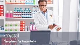  Presentation with scanning - PPT theme with middle-age-man-pharmacist-scanning background and a gray colored foreground