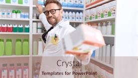  Presentation with vitamin - PPT layouts enhanced with middle-age-man-pharmacist-smiling background and a coral colored foreground