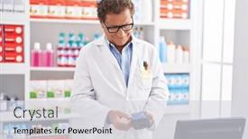  Presentation with credit card - Presentation theme with middle-age-man-pharmacist-using background and a  colored foreground