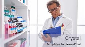  Presentation with pharmacy - PPT theme having middle-age-man-pharmacist-writing and a light blue colored foreground