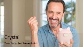  Presentation with piggy bank - PPT layouts consisting of middle age man save money background and a coral colored foreground