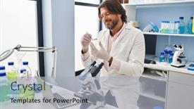  Presentation with herb - Presentation design enhanced with middle-age-man-scientist-holding background and a light gray colored foreground