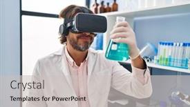  Presentation with virtual laboratory - PPT layouts having middle-age-man-scientist-using background and a light gray colored foreground