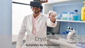  Presentation with virtual laboratory - Slide set with middle-age-man-scientist-using background and a light gray colored foreground