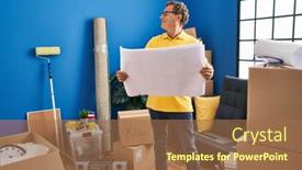  Presentation with new home - Slides consisting of middle-age-man-smiing-confident background and a coral colored foreground