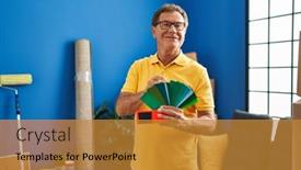  Presentation with wall paint - PPT theme having middle-age-man-smiing-confident background and a gold colored foreground