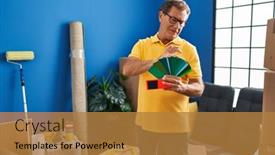  Presentation with wall paint - Slide set having middle-age-man-smiing-confident background and a gold colored foreground