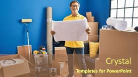  Presentation with project - Slide set having middle-age-man-smiing-confident background and a coral colored foreground