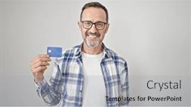  Presentation with credit card - Slide set enhanced with middle-age-man-smiling-confident and a  colored foreground