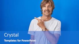  Presentation with forefinger - PPT theme featuring middle-age-man-standing-over background and a teal colored foreground