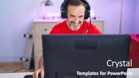  Presentation with computer room - PPT theme featuring middle-age-man-streamer-playing background and a tawny brown colored foreground