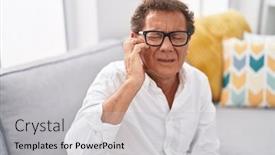  Presentation with ear - Presentation having middle-age-man-suffering background and a light gray colored foreground